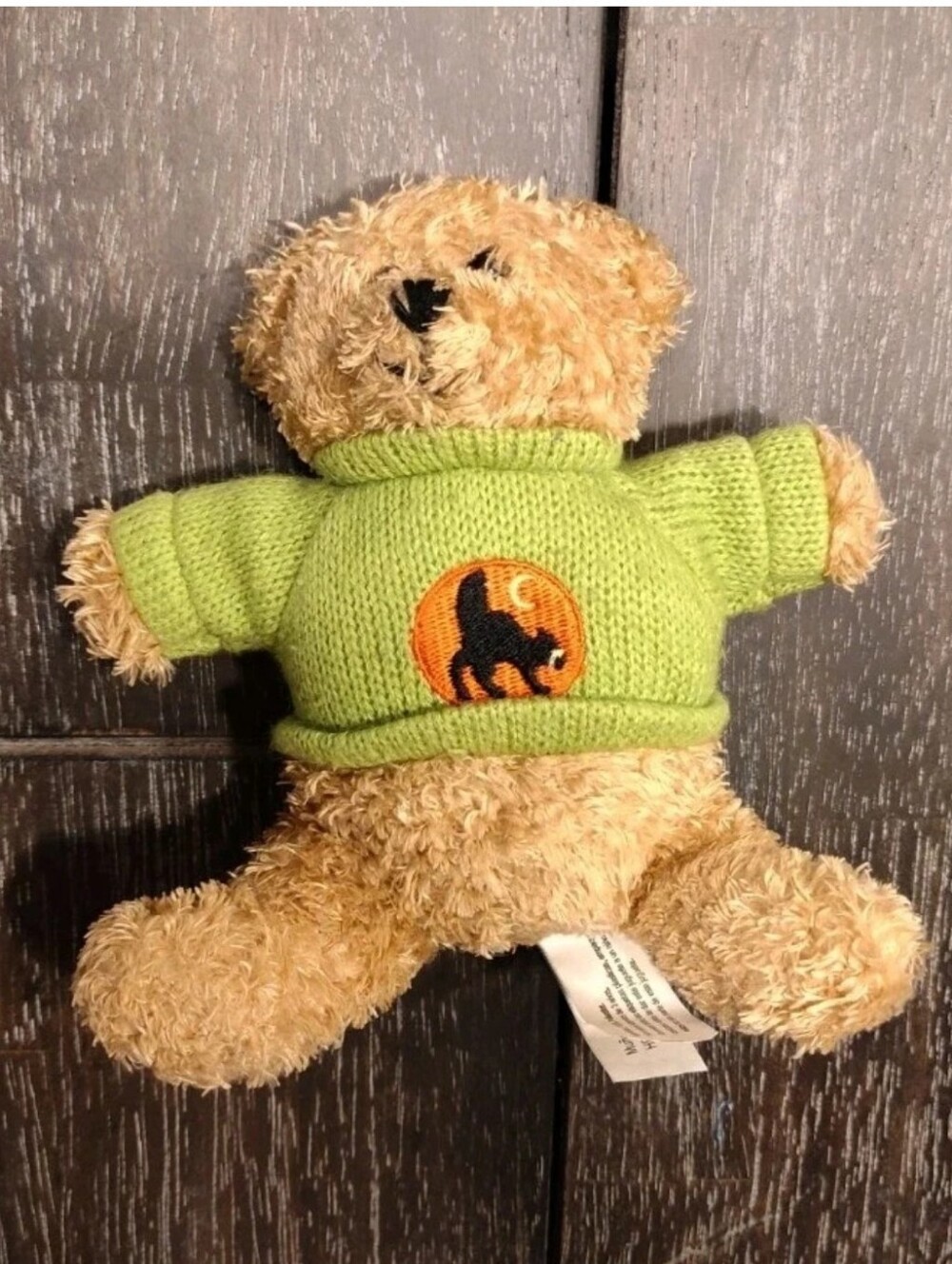 Mini Plush Bear With Knit Green Sweater W/ Orange Moon With Black Cat